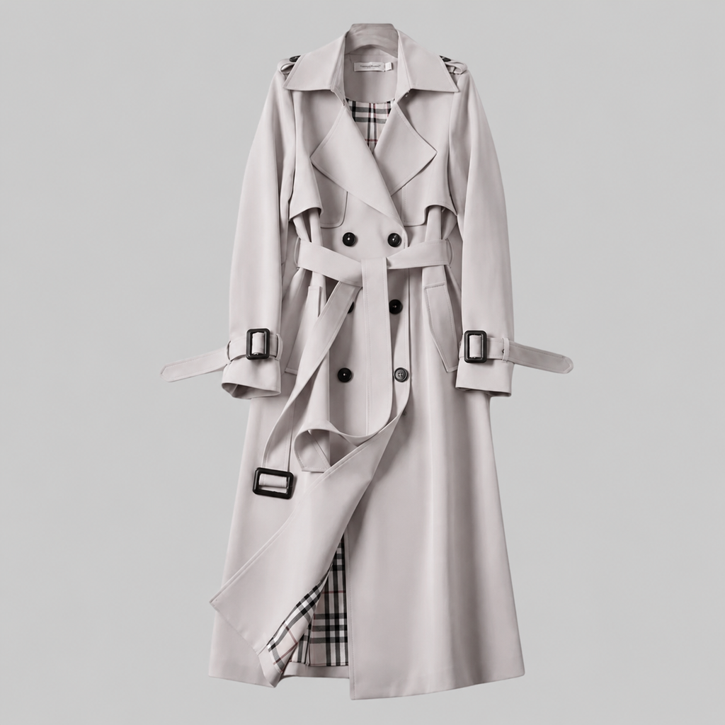 Women's belted trench coat with notched collar and checked lining