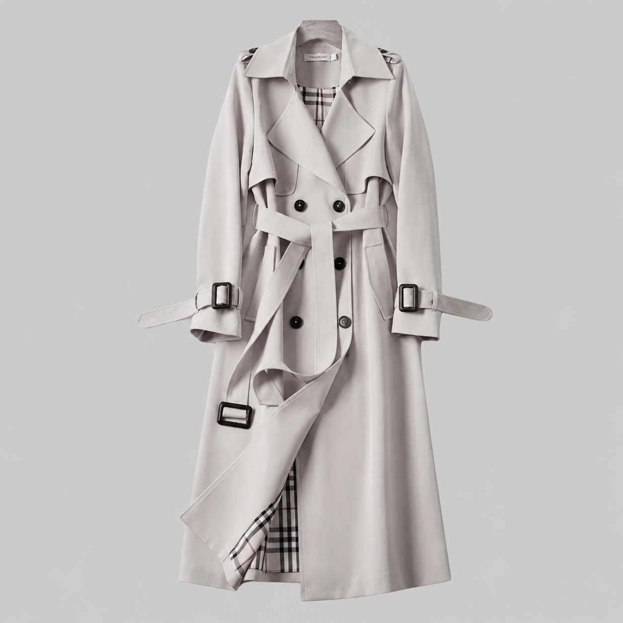 Women's belted trench coat with notched collar and checked lining