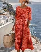 Women's multicoloured floral midi dress with round neckline and three-quarter sleeves