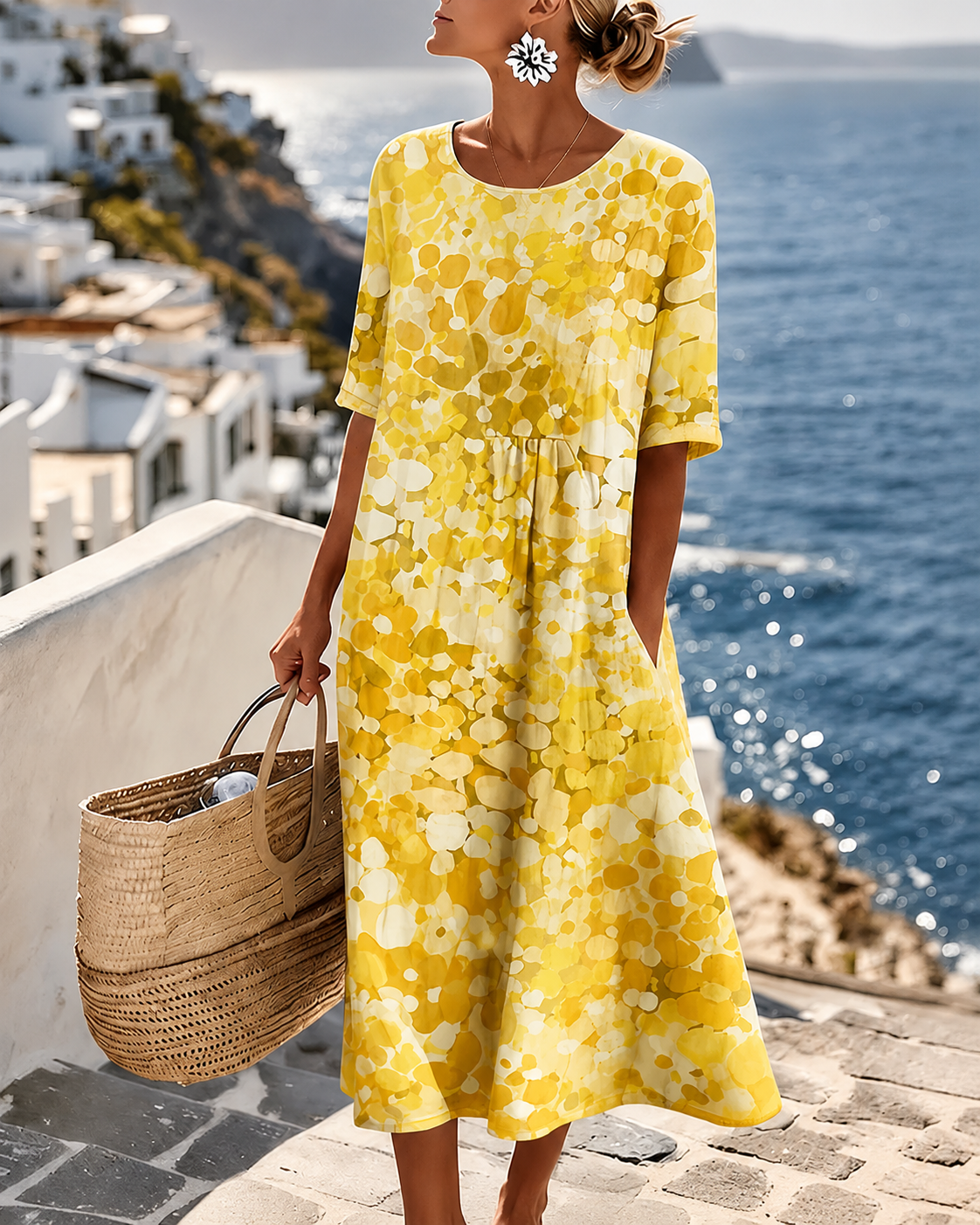 Women's multicoloured floral midi dress with round neckline and three-quarter sleeves