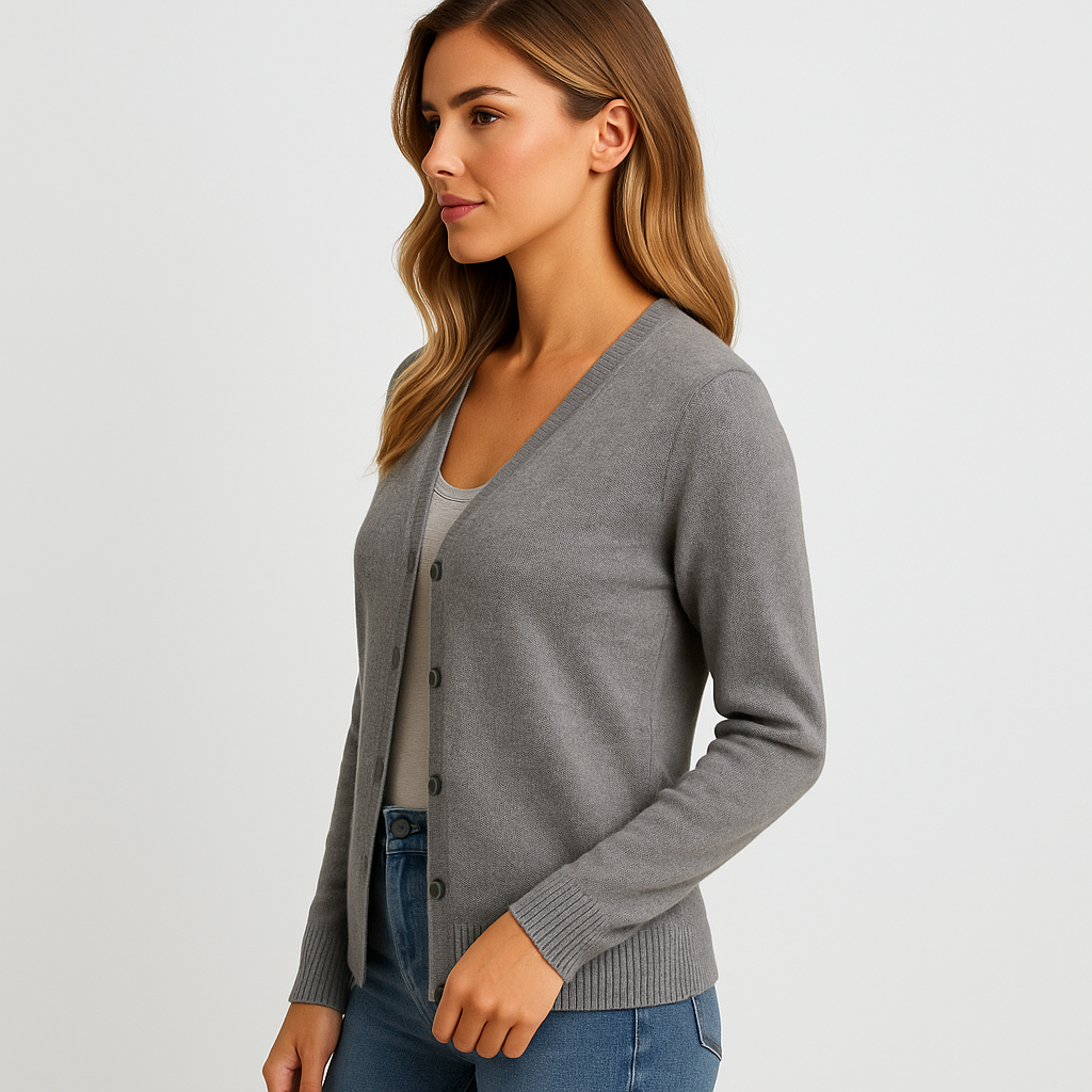 Women's grey knit cardigan with crew neck and button front