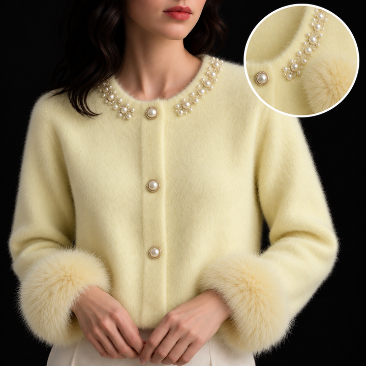 Women's cardigan with pearl-style neckline details, button front and fluffy cuff trims