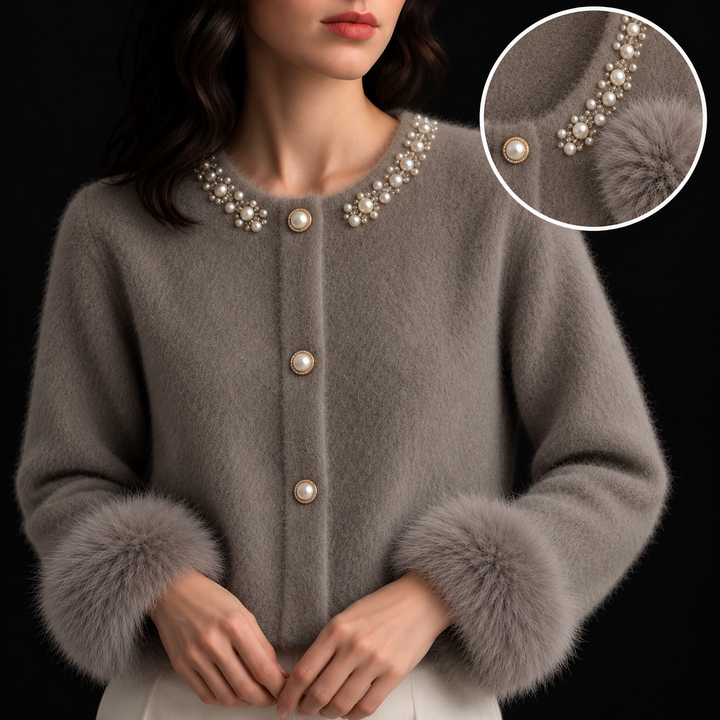 Women's cardigan with pearl-style neckline details, button front and fluffy cuff trims