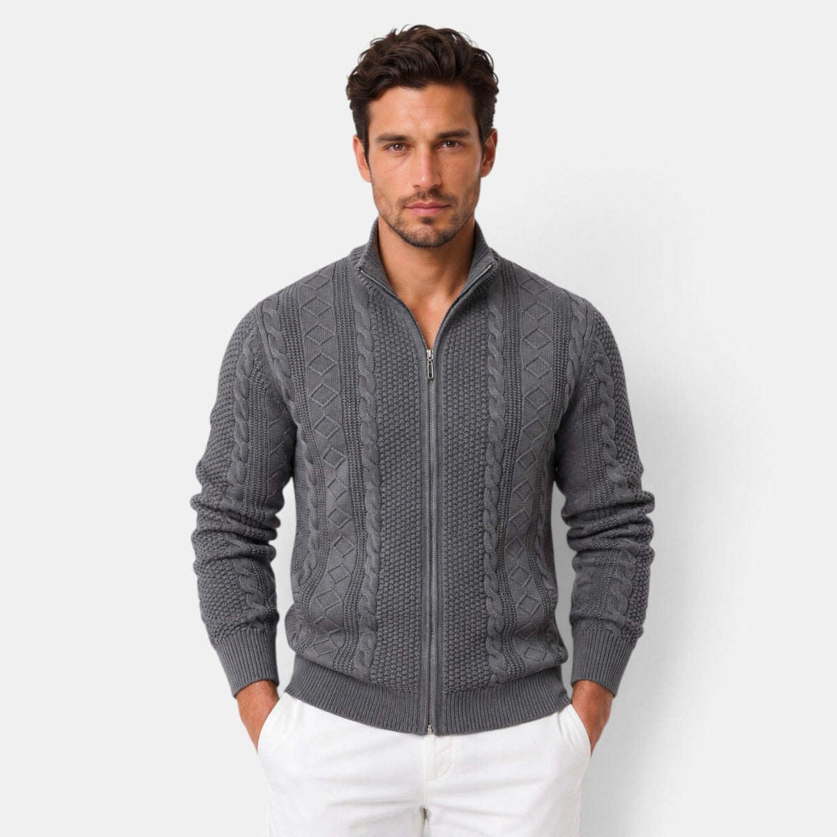 Men's cable-knit full-zip jumper with mock neck and ribbed trims