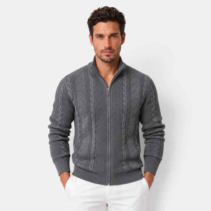 Men's cable-knit full-zip jumper with mock neck and ribbed trims