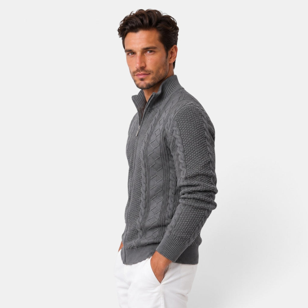 Men's cable-knit full-zip jumper with mock neck and ribbed trims