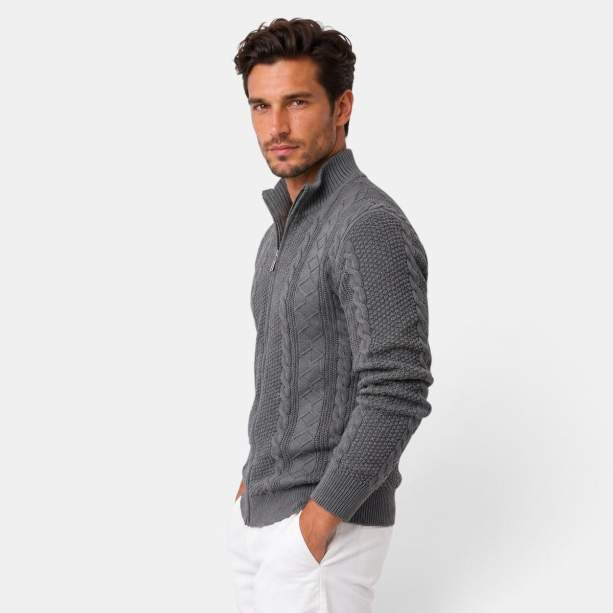 Men's cable-knit full-zip jumper with mock neck and ribbed trims