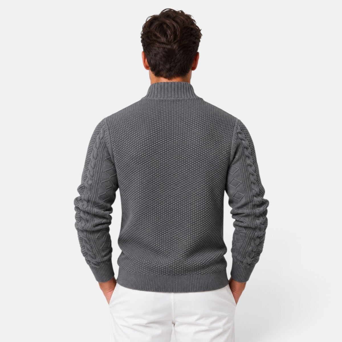 Men's cable-knit full-zip jumper with mock neck and ribbed trims