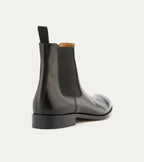 Black Chelsea boot with elastic side panel and low heel