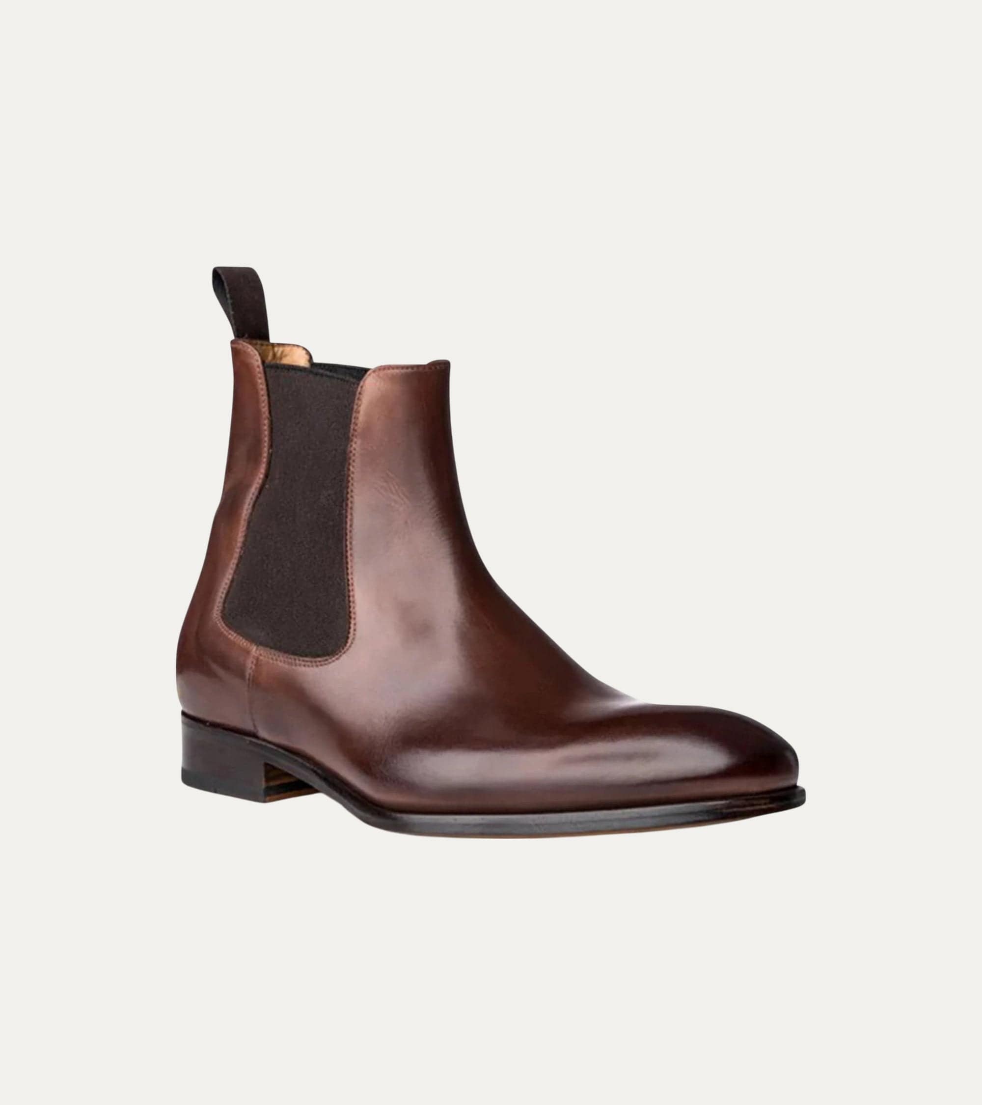 Men's polished brown Chelsea ankle boot with elastic side panels and low heel