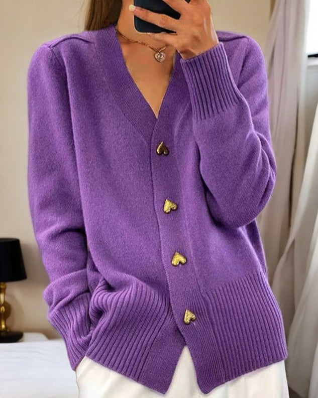 Women's V-neck button front cardigan with heart-shaped buttons