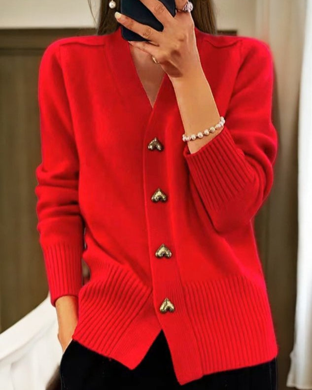 Women's V-neck button front cardigan with heart-shaped buttons