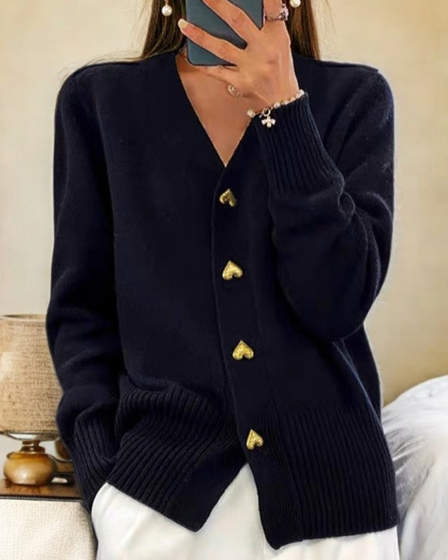 Women's V-neck button front cardigan with heart-shaped buttons