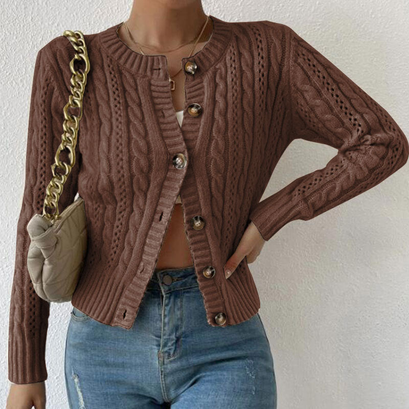 Women's textured cable knit cardigan with round neck and button front