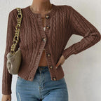Women's textured cable knit cardigan with round neck and button front