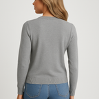 Women's grey knit cardigan with crew neck and button front