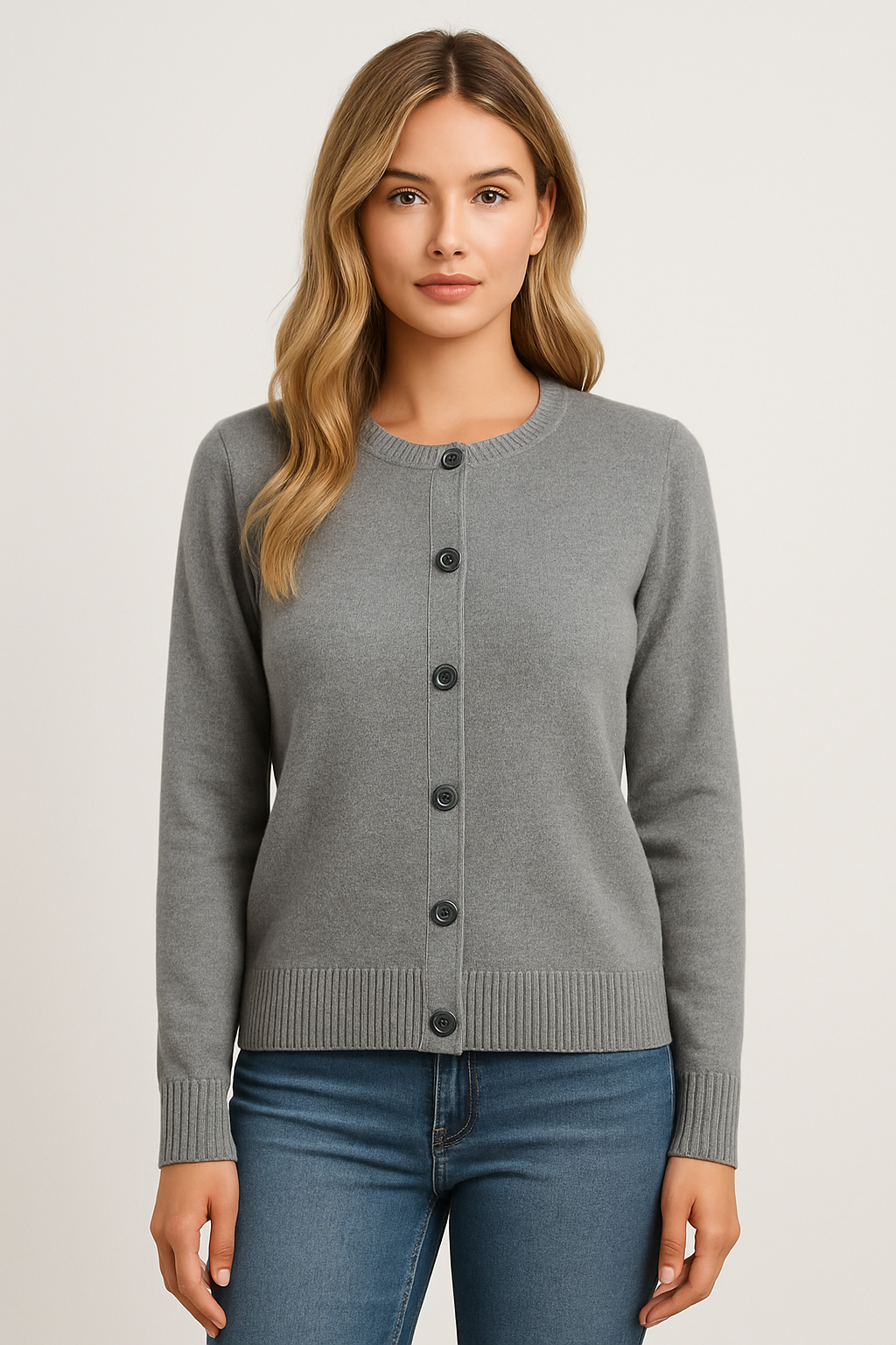 Women's grey knit cardigan with crew neck and button front