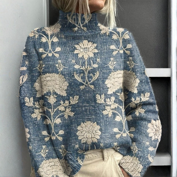 Women's blue floral turtleneck sweater with long sleeves