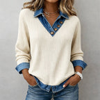 Women's beige ribbed sweater with blue denim collar and cuffs