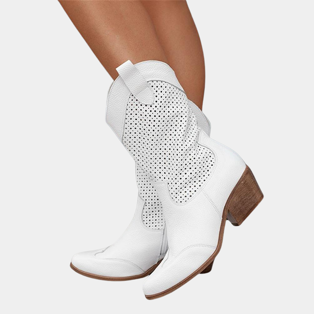 Women's perforated cowboy boots with almond toes and mid block heels