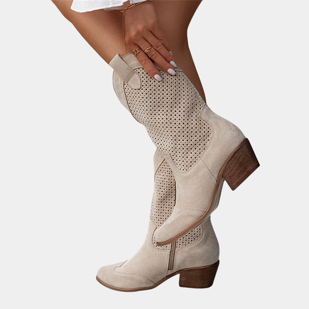 Women's perforated cowboy boots with almond toes and mid block heels