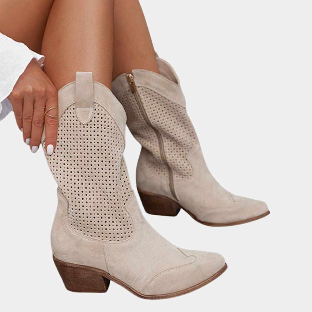 Women's perforated cowboy boots with almond toes and mid block heels