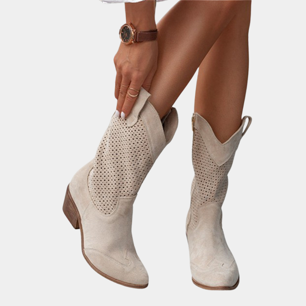 Women's perforated cowboy boots with almond toes and mid block heels