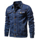 Men's button-up denim jacket with pointed collar, chest pockets and long sleeves