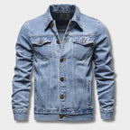 Men's button-up denim jacket with pointed collar, chest pockets and long sleeves
