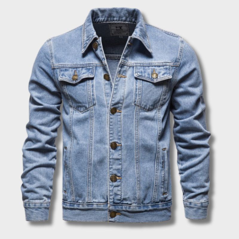 Men's button-up denim jacket with pointed collar, chest pockets and long sleeves