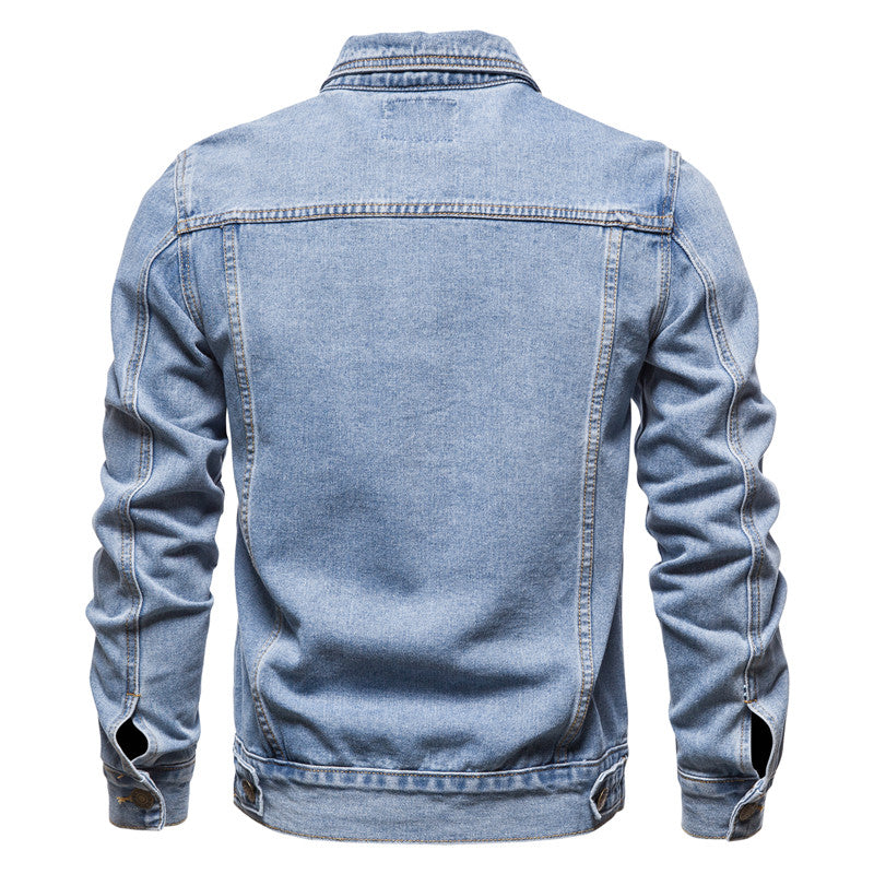 Men's button-up denim jacket with pointed collar, chest pockets and long sleeves