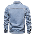 Men's button-up denim jacket with pointed collar, chest pockets and long sleeves