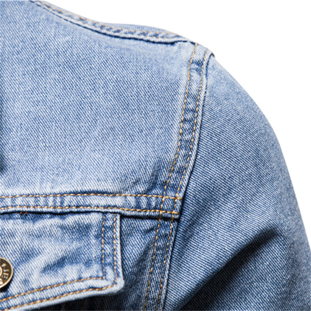 Men's button-up denim jacket with pointed collar, chest pockets and long sleeves