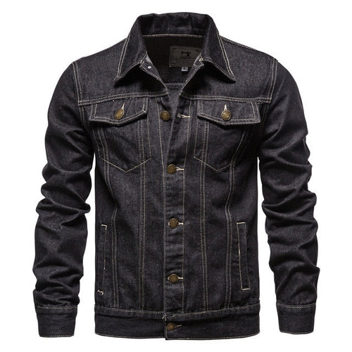 Men's button-up denim jacket with pointed collar, chest pockets and long sleeves