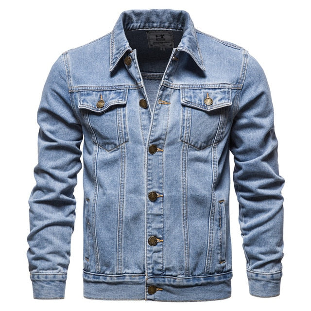 Men's button-up denim jacket with pointed collar, chest pockets and long sleeves