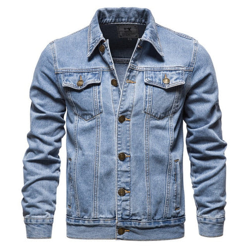 Men's button-up denim jacket with pointed collar, chest pockets and long sleeves