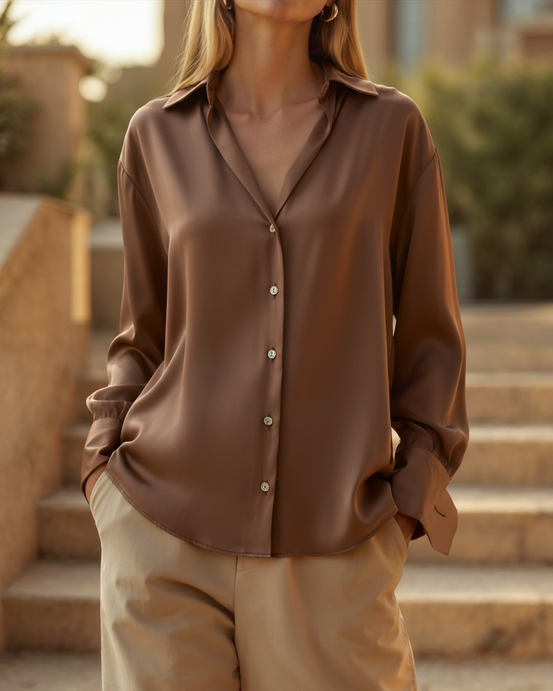 Women's long-sleeve shirt with notched collar and button front