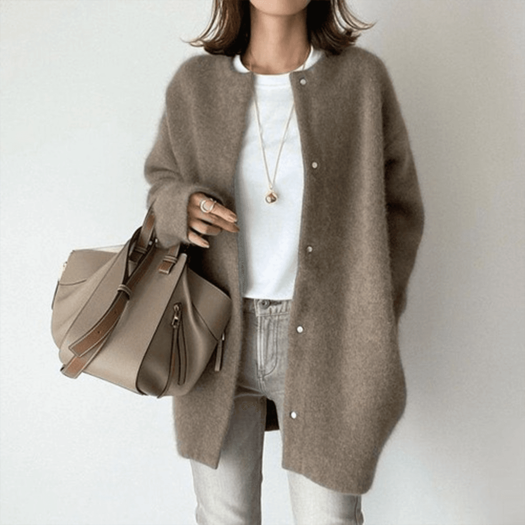 Women's longline button front cardigan with round neckline and long sleeves