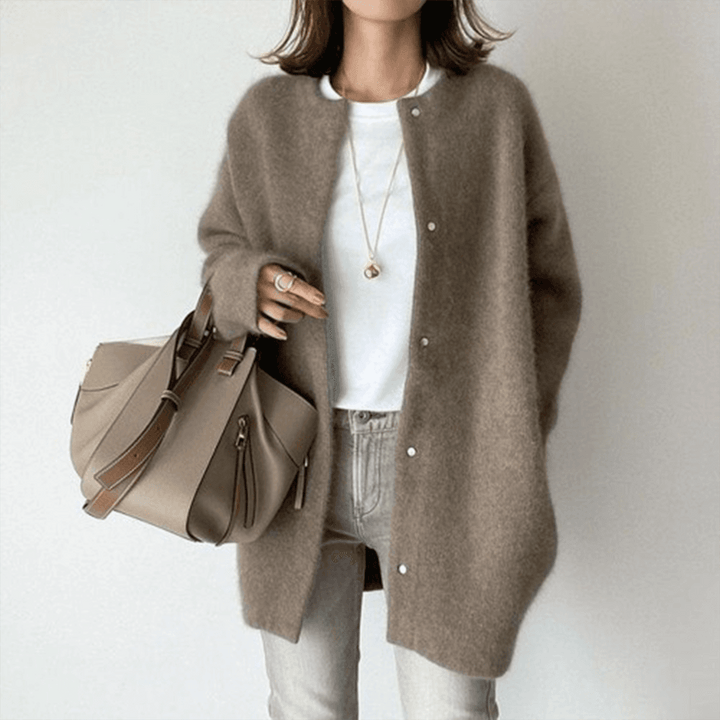 Women's longline button front cardigan with round neckline and long sleeves