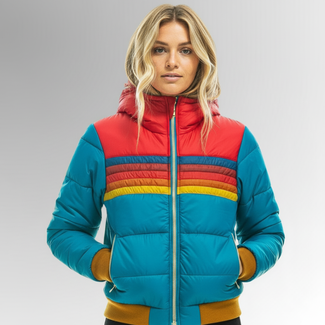 Women's padded hooded windbreaker jacket with horizontal stripes