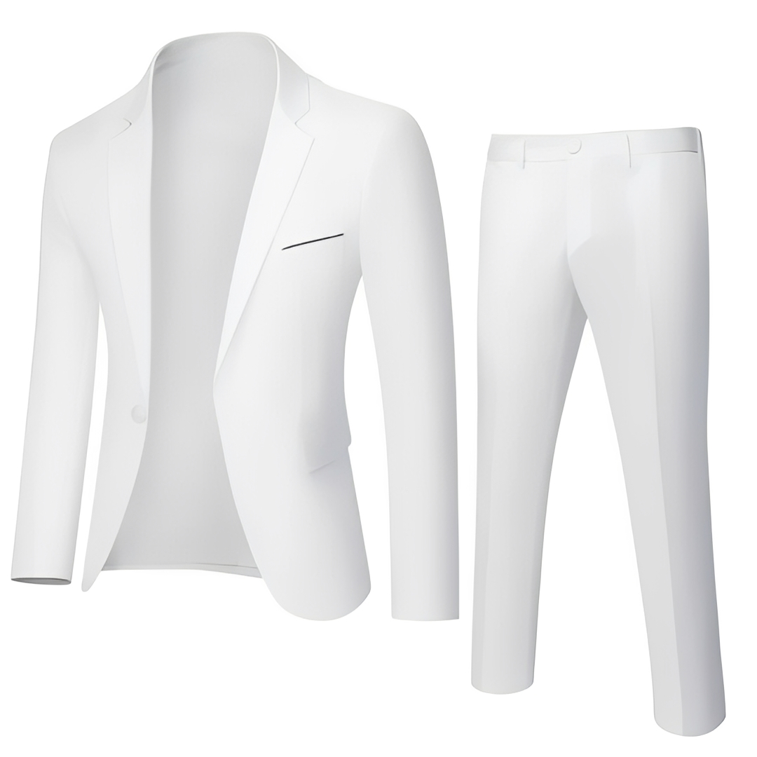 Men's tailored suit outfit set with blazer and full-length trousers