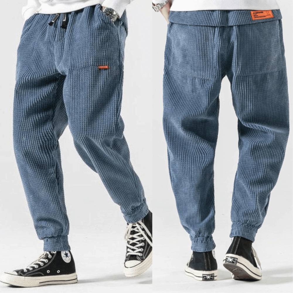 Men's ribbed corduroy jogger trousers with elasticated ankle cuffs and drawstring waist