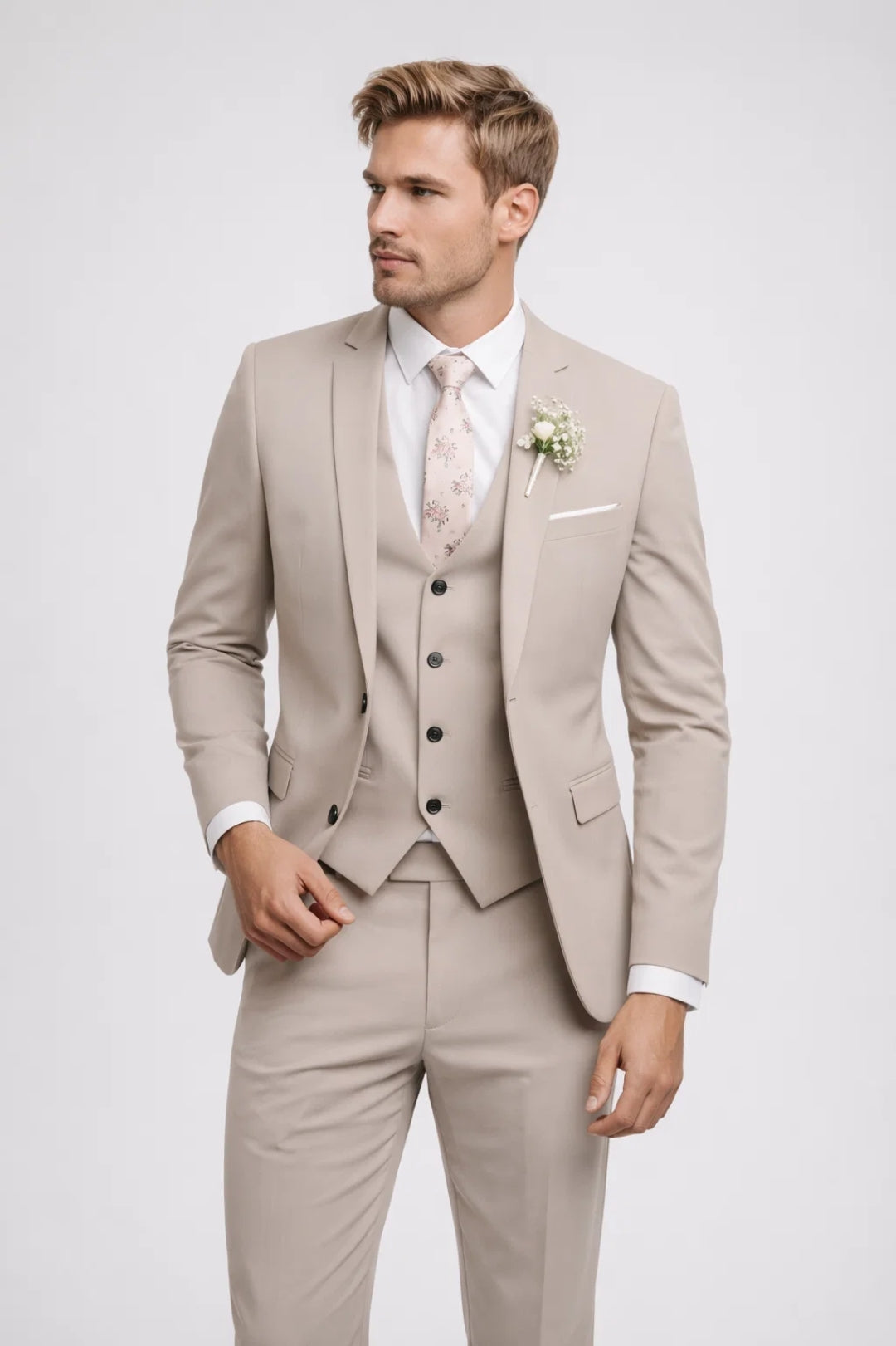 Men's three-piece tailored suit with notch lapel jacket, waistcoat and full-length trousers