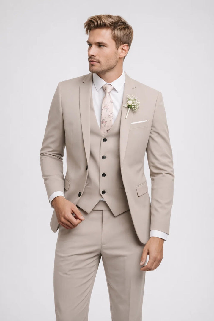 Men's three-piece tailored suit with notch lapel jacket, waistcoat and full-length trousers