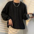 Men's cable-knit crew-neck jumper with long sleeves and ribbed trims