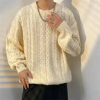Men's cable-knit crew-neck jumper with long sleeves and ribbed trims