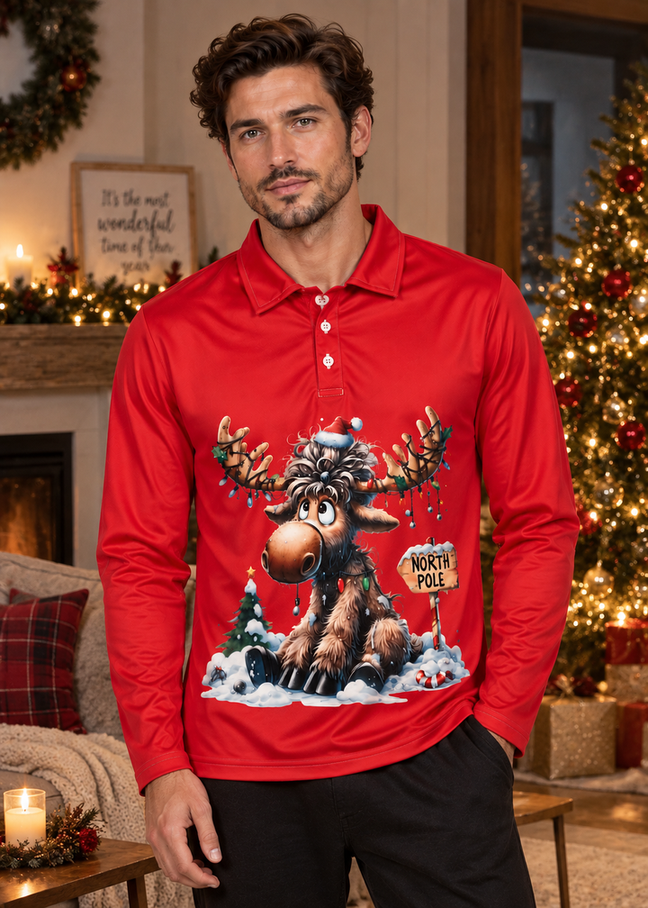 Men's Long-Sleeve Christmas Polo with Reindeer Print