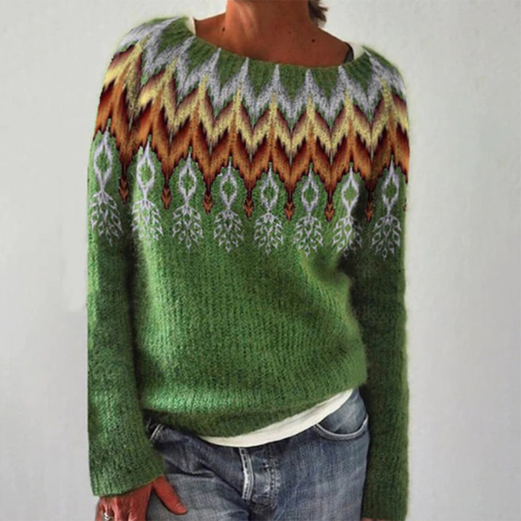 Women's knitted jumper with round neck, long sleeves and patterned horizontal stripes