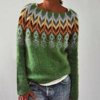 Women's knitted jumper with round neck, long sleeves and patterned horizontal stripes