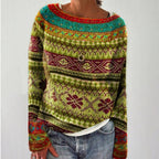 Women's knitted jumper with round neck, long sleeves and patterned horizontal stripes